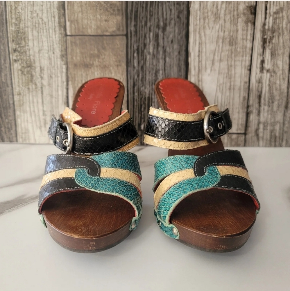 Isabella Fiore Sandals Size 7 Wood Leather Slip On Open Slides Heels 3.5" Multi - Picture 4 of 11